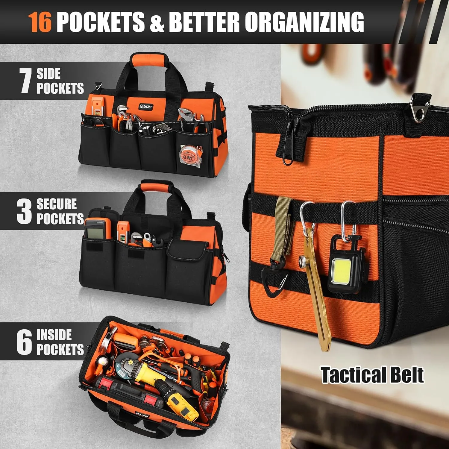 Heavy Duty Tool Bag 18-Inch, 16-Pocket Portable Soft Tool Box Organizer Storage, Handle Tactical Carry Tote Empty Toolbox with Large Zipper, Father Day Dad Men Gift for Mechanic Engineer, Orange