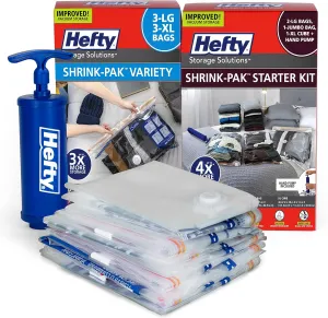 Hefty Super Starter Kit 5L, 3XL, 1XL Cube, and 1 Jumbo Bag, Reusable and Water resistant Vacuum Storage Bags, Total of 10 Bags   Hand Pump
