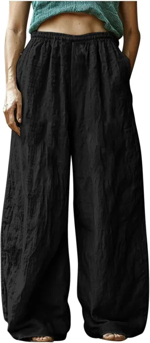 HGps8w Women's Boho Cotton Linen Palazzo Pants Trendy Wide Leg Summer Loose High Waisted Lounge Beach Trousers with Pockets