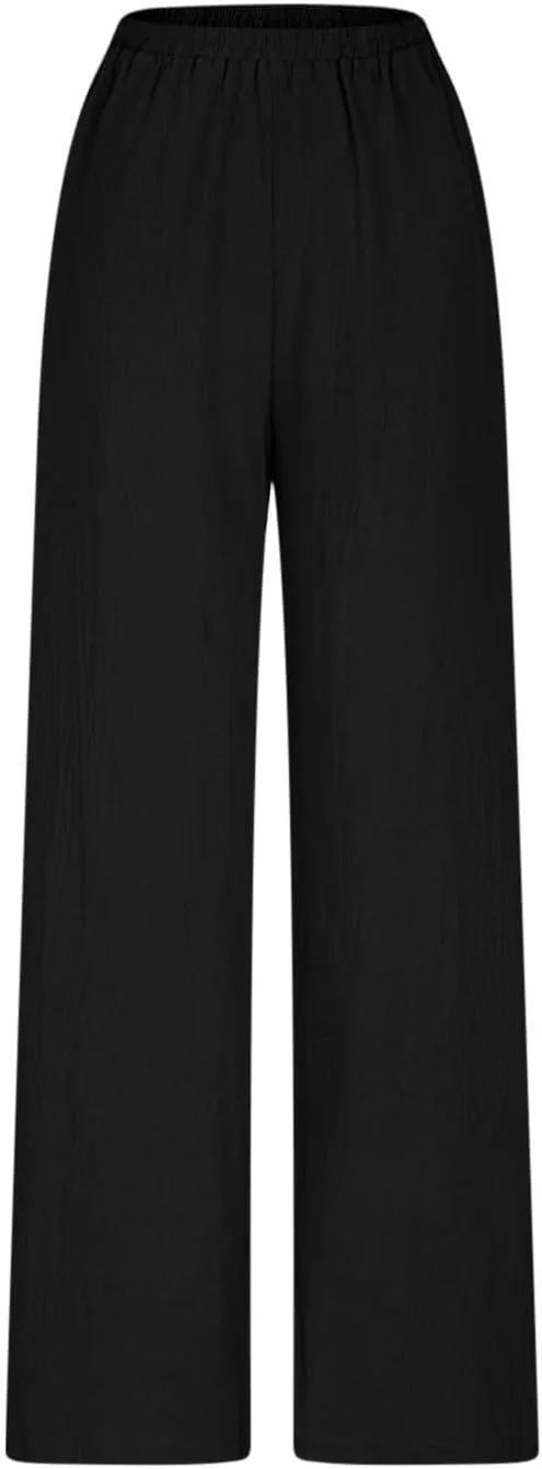 HGps8w Women's Boho Cotton Linen Palazzo Pants Trendy Wide Leg Summer Loose High Waisted Lounge Beach Trousers with Pockets