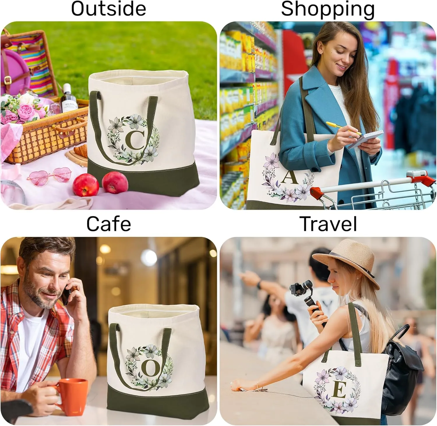 HIFA Initial Tote Bag for Women, Personalized Canvas Tote Bag -Durable Cotton, Zipper, Inner Pocket-Multipurpose Shoulder Bag