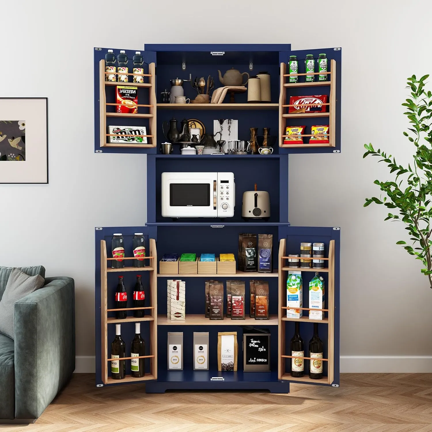 HLR 72" Kitchen Pantry Storage Cabinet, Freestanding Larder Cupboard, Kitchen Hutch Cabinet with Microwave Stand,Utility Pantry with Doors and Shelves for Dining Room, Living Room