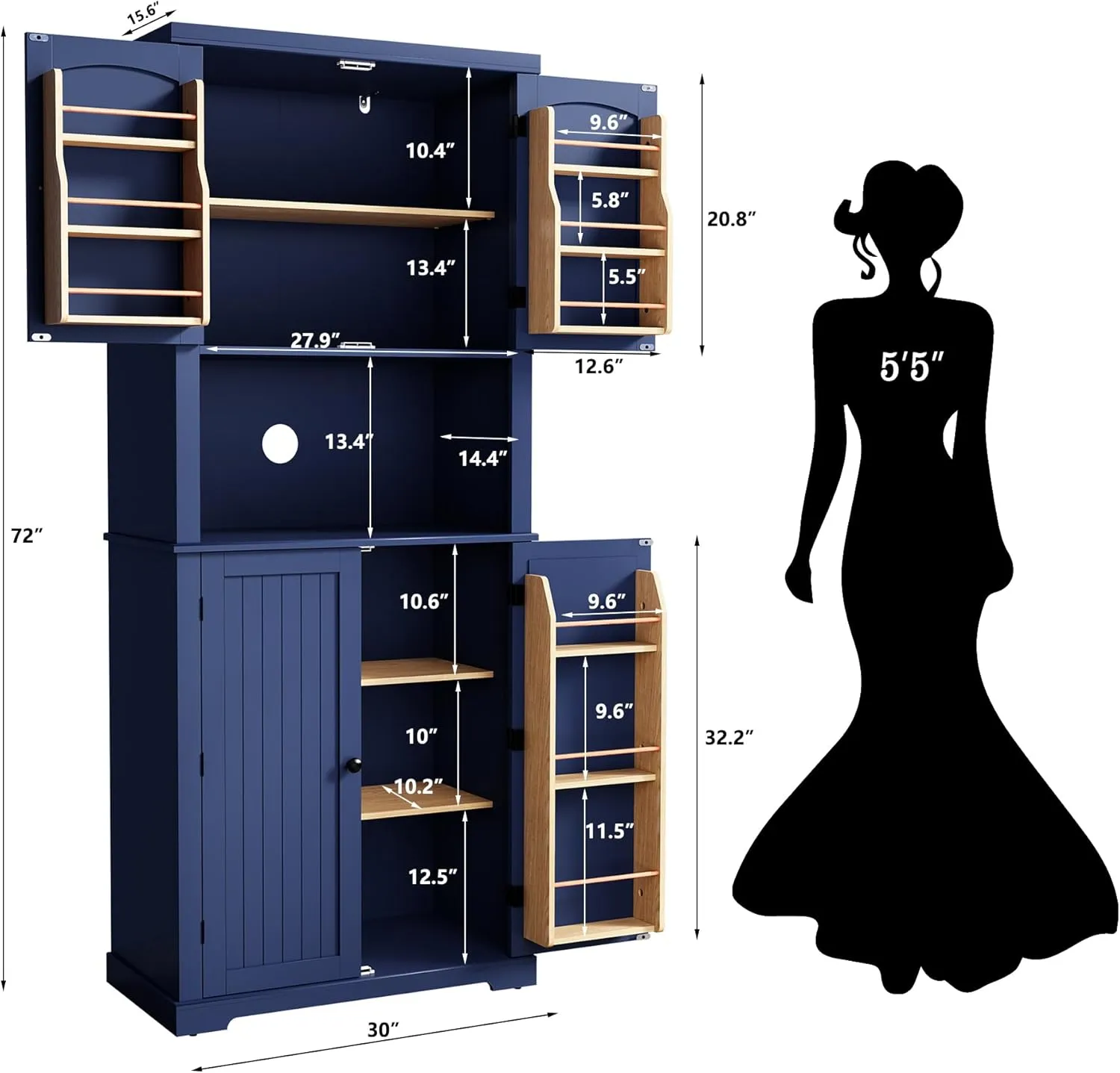 HLR 72" Kitchen Pantry Storage Cabinet, Freestanding Larder Cupboard, Kitchen Hutch Cabinet with Microwave Stand,Utility Pantry with Doors and Shelves for Dining Room, Living Room