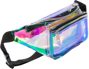 Holographic 80s 90S Rave Stars Neon Transparent Gravel Fanny Pack for Women - Great Waist Pack for Games, Concerts, Rave, Festival, Travel