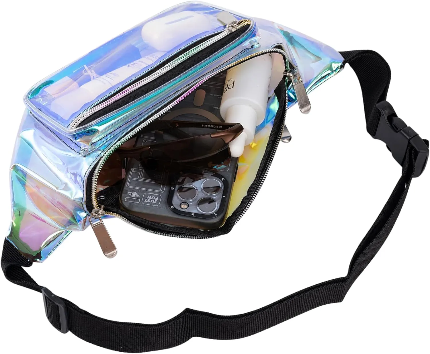 Holographic 80s 90S Rave Stars Neon Transparent Gravel Fanny Pack for Women - Great Waist Pack for Games, Concerts, Rave, Festival, Travel