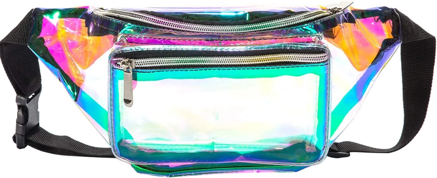 Holographic 80s 90S Rave Stars Neon Transparent Gravel Fanny Pack for Women - Great Waist Pack for Games, Concerts, Rave, Festival, Travel