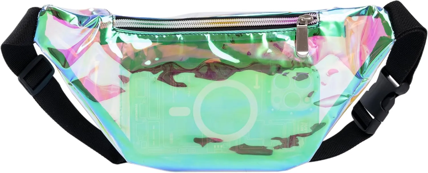 Holographic 80s 90S Rave Stars Neon Transparent Gravel Fanny Pack for Women - Great Waist Pack for Games, Concerts, Rave, Festival, Travel