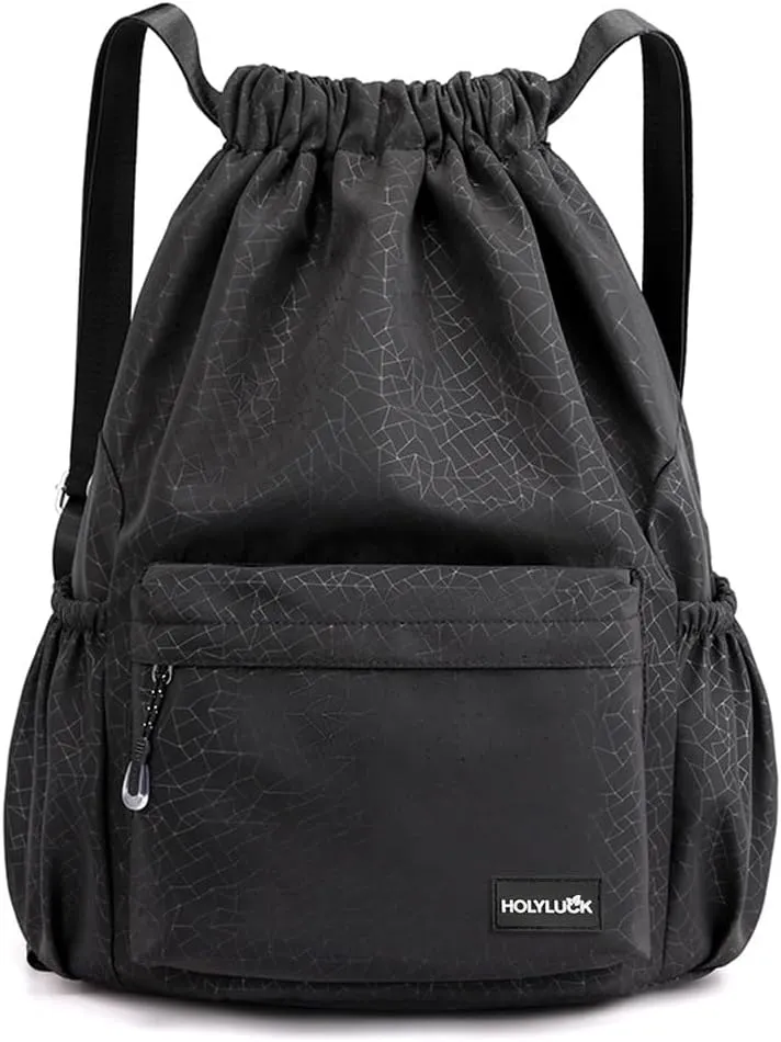 HOLYLUCK Drawstring Backpack Sports Gym Bag Water Resistant String Bag Cinch Sackpack with Side Zipper Pocket for Shopping Sport Yoga -black