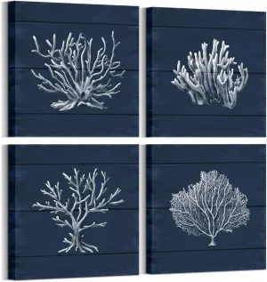 HOMEOART Coral Canvas Wall Art Prints Ocean Navy Blue Coastal Artwork Beach Home Decor Picture Framed Ready to Hang 12"x12"x4 Pieces