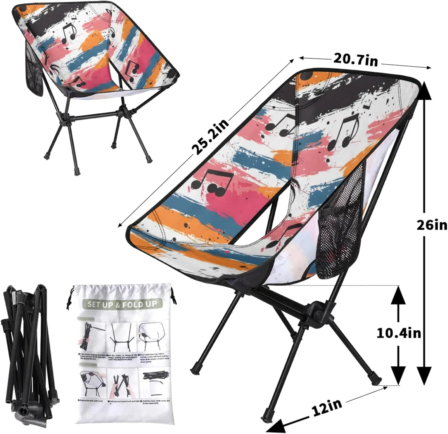 Honeybaby Folding Camping Chair Note Music Camping Chairs Lightweight Portable Chair Outdoor Foldable Chairs for Camping Travel Picnic Beach Hiking