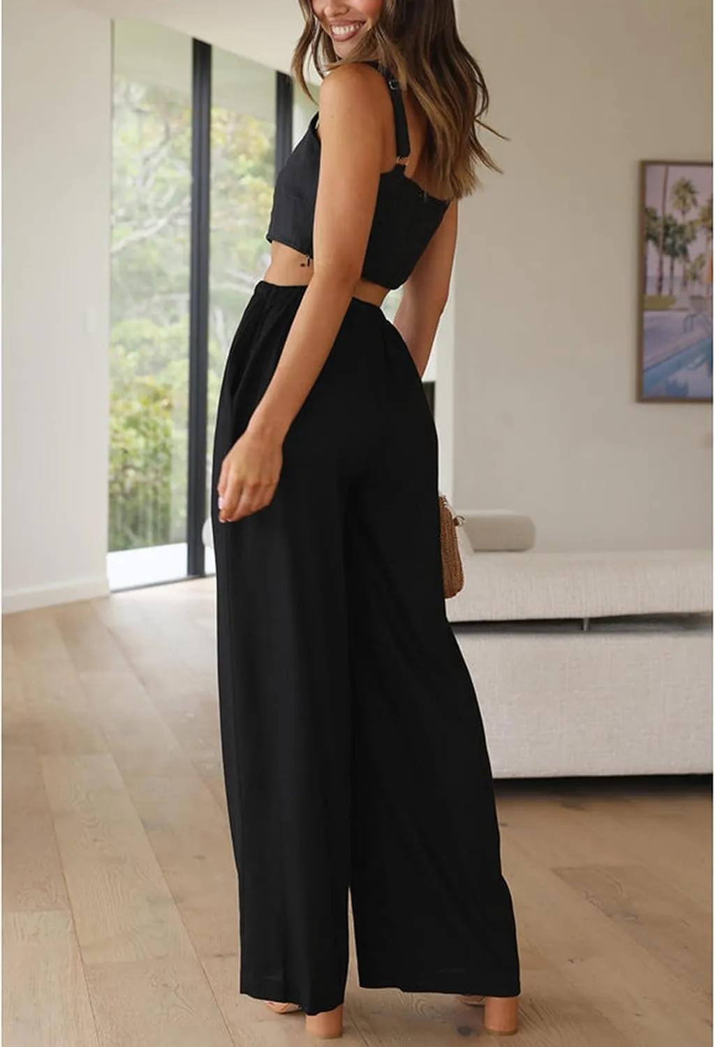 Hooever Women's Wide Leg Cotton Linen Pants High Waist Adjustable Tie Knot Lounge Trousers