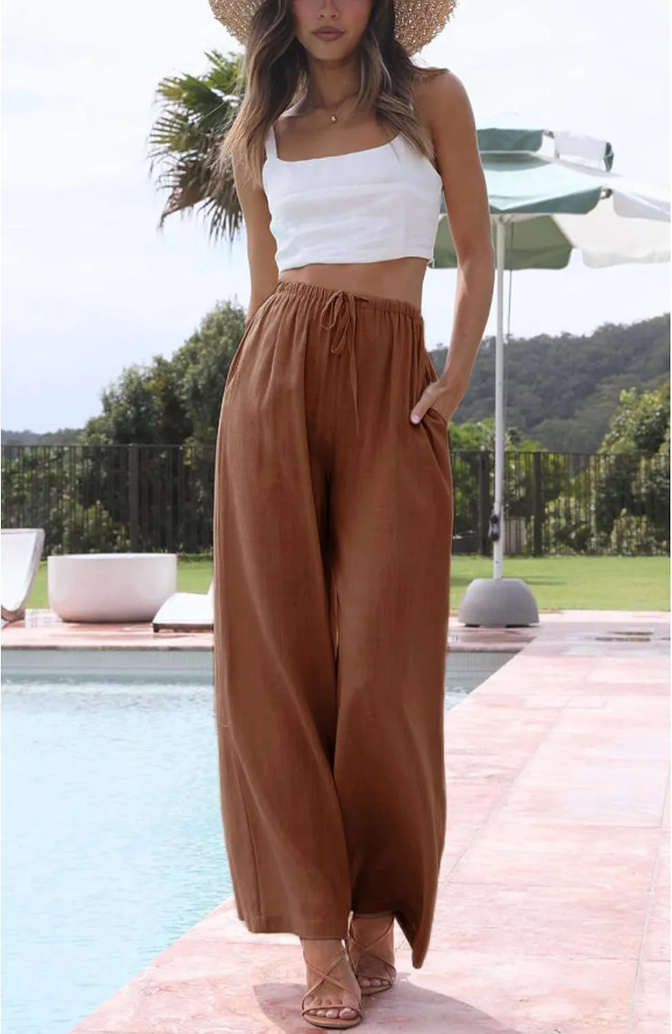 Hooever Women's Wide Leg Cotton Linen Pants High Waist Adjustable Tie Knot Lounge Trousers