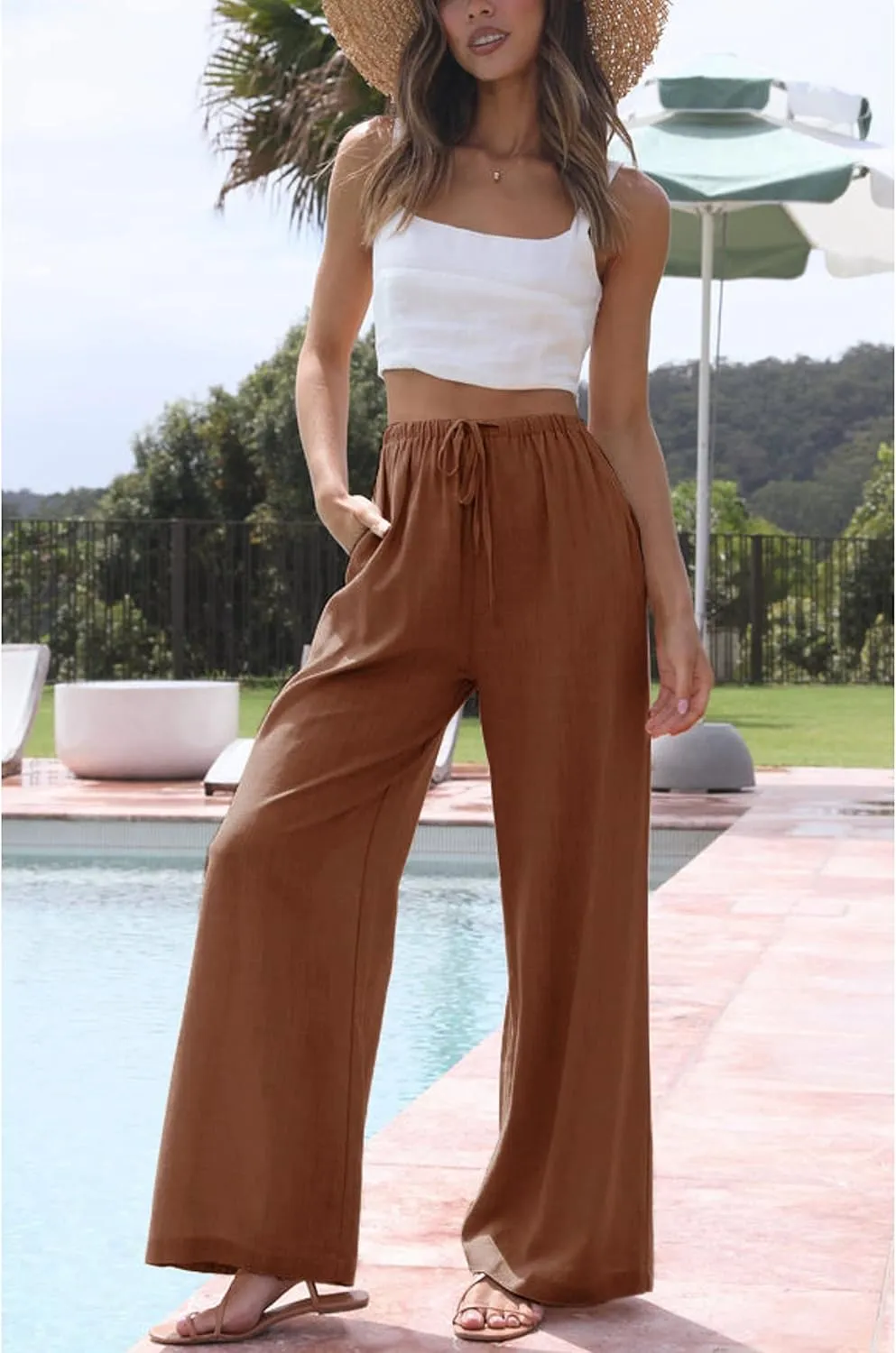 Hooever Women's Wide Leg Cotton Linen Pants High Waist Adjustable Tie Knot Lounge Trousers