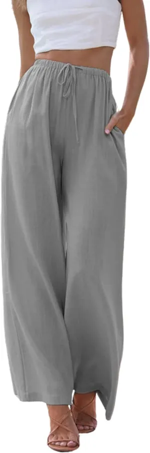 Hooever Women's Wide Leg Cotton Linen Pants High Waist Adjustable Tie Knot Lounge Trousers