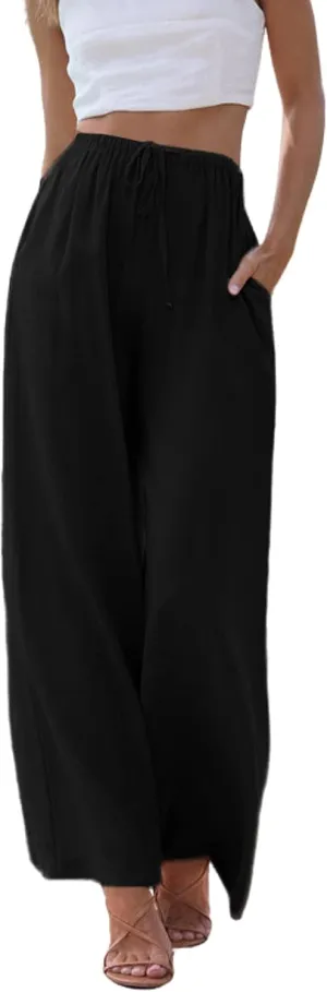 Hooever Women's Wide Leg Cotton Linen Pants High Waist Adjustable Tie Knot Lounge Trousers