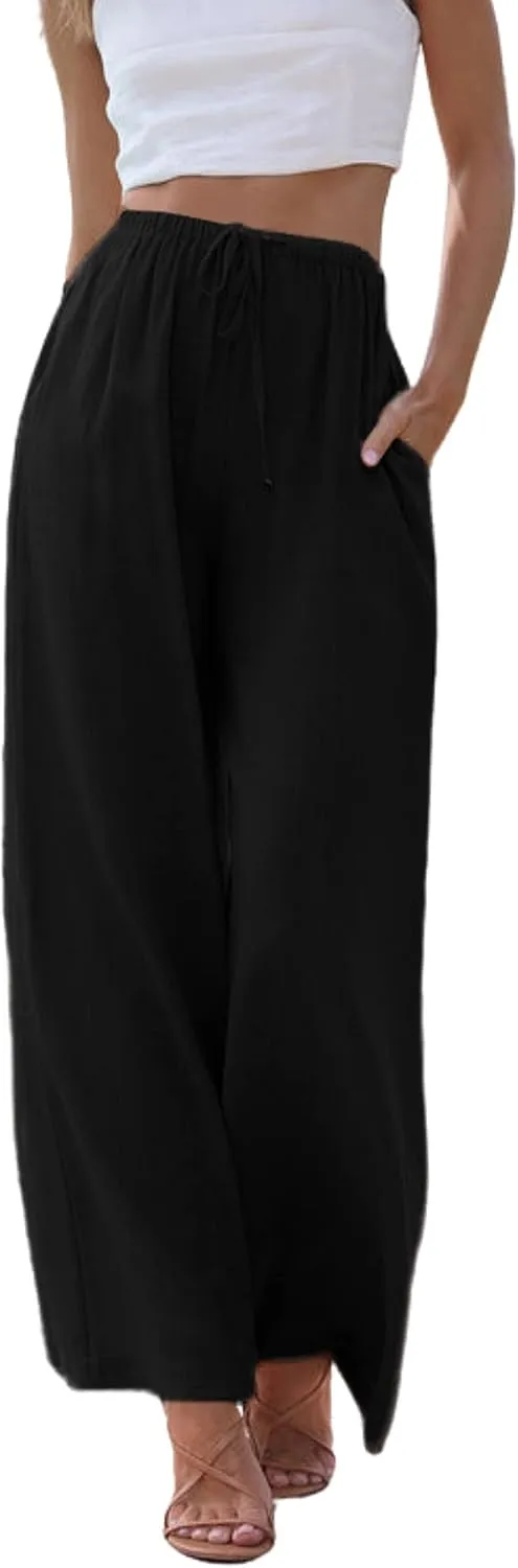 Hooever Women's Wide Leg Cotton Linen Pants High Waist Adjustable Tie Knot Lounge Trousers