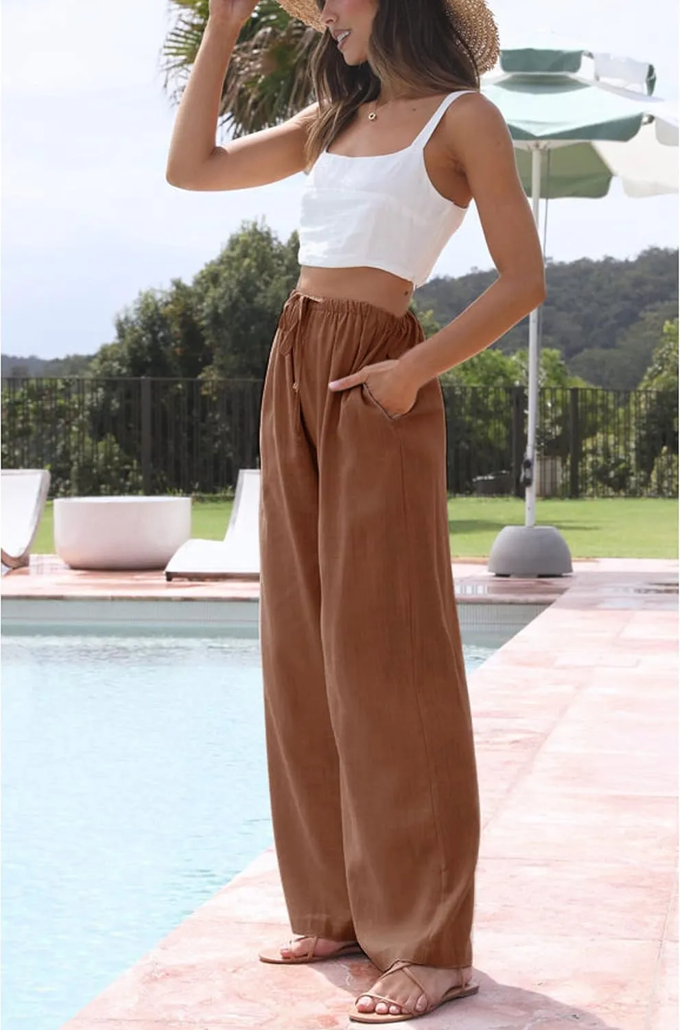 Hooever Women's Wide Leg Cotton Linen Pants High Waist Adjustable Tie Knot Lounge Trousers
