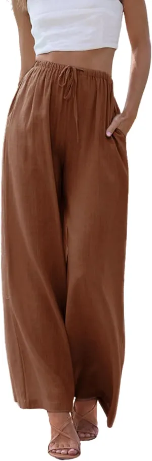 Hooever Women's Wide Leg Cotton Linen Pants High Waist Adjustable Tie Knot Lounge Trousers