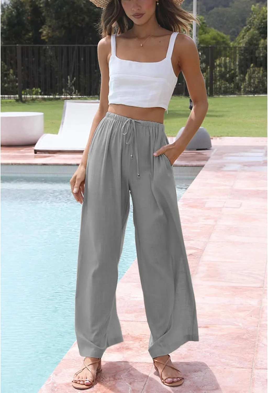 Hooever Women's Wide Leg Cotton Linen Pants High Waist Adjustable Tie Knot Lounge Trousers