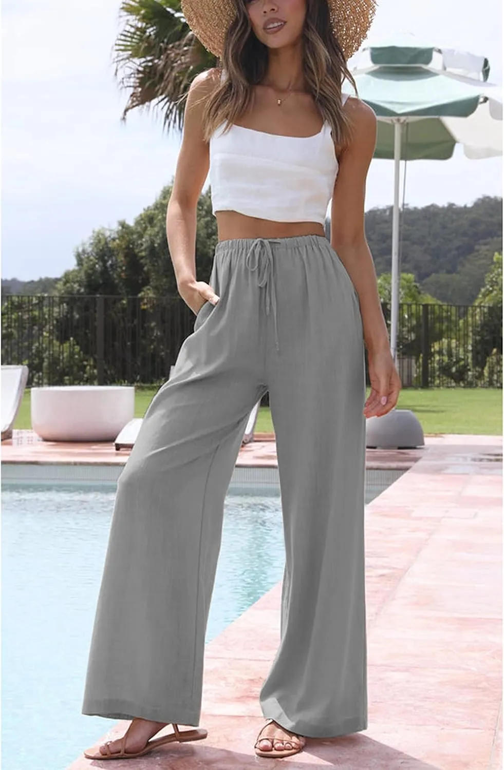 Hooever Women's Wide Leg Cotton Linen Pants High Waist Adjustable Tie Knot Lounge Trousers