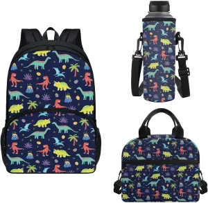 Horeset Dinosaur Print Backpack for Boys Girls School Bag with Lunch Box Water Bottle Bag(3 in 1), Casual Rucksack Elementary School Bookbag for Camping Outdoor