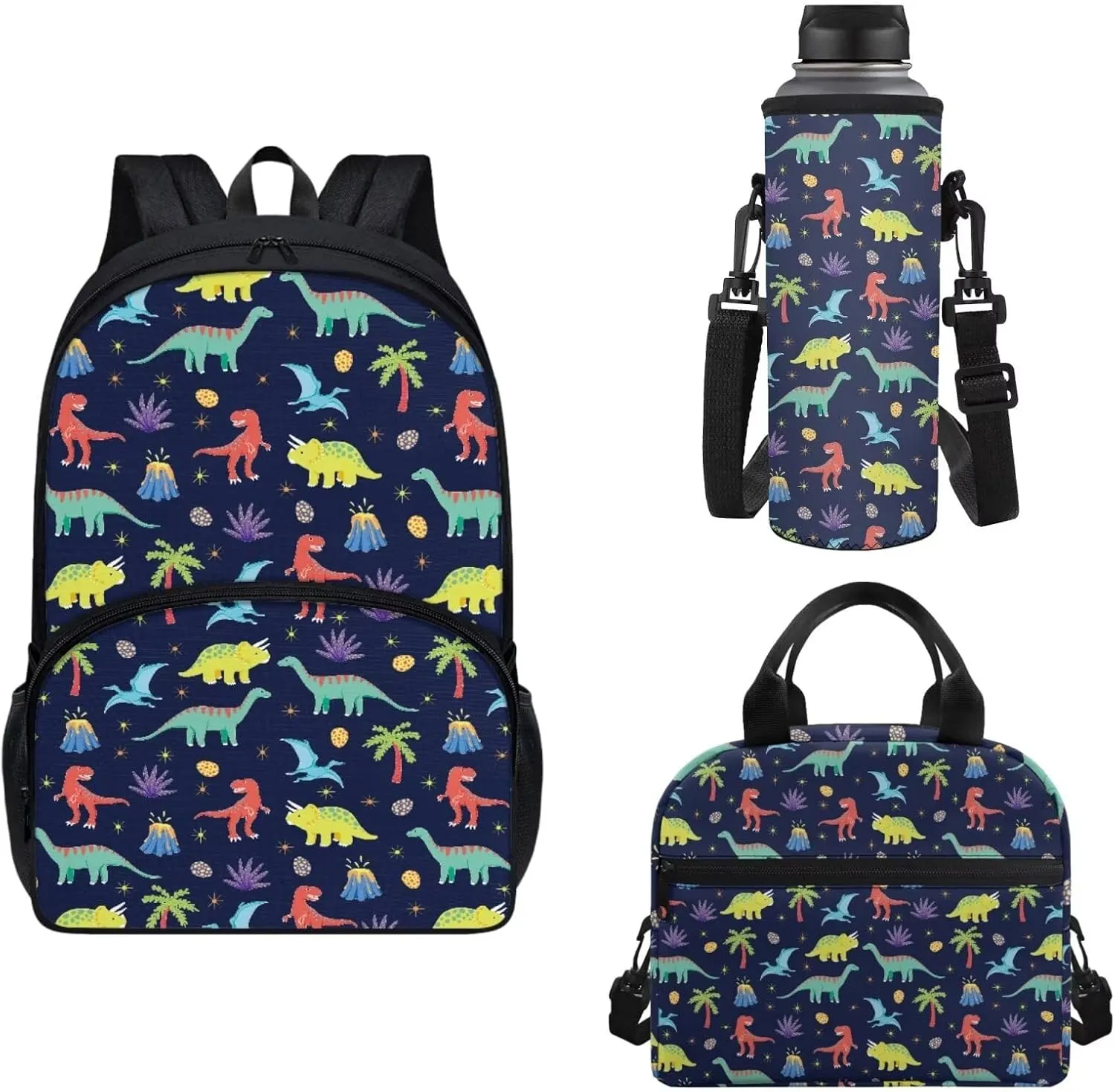Horeset Dinosaur Print Backpack for Boys Girls School Bag with Lunch Box Water Bottle Bag(3 in 1), Casual Rucksack Elementary School Bookbag for Camping Outdoor