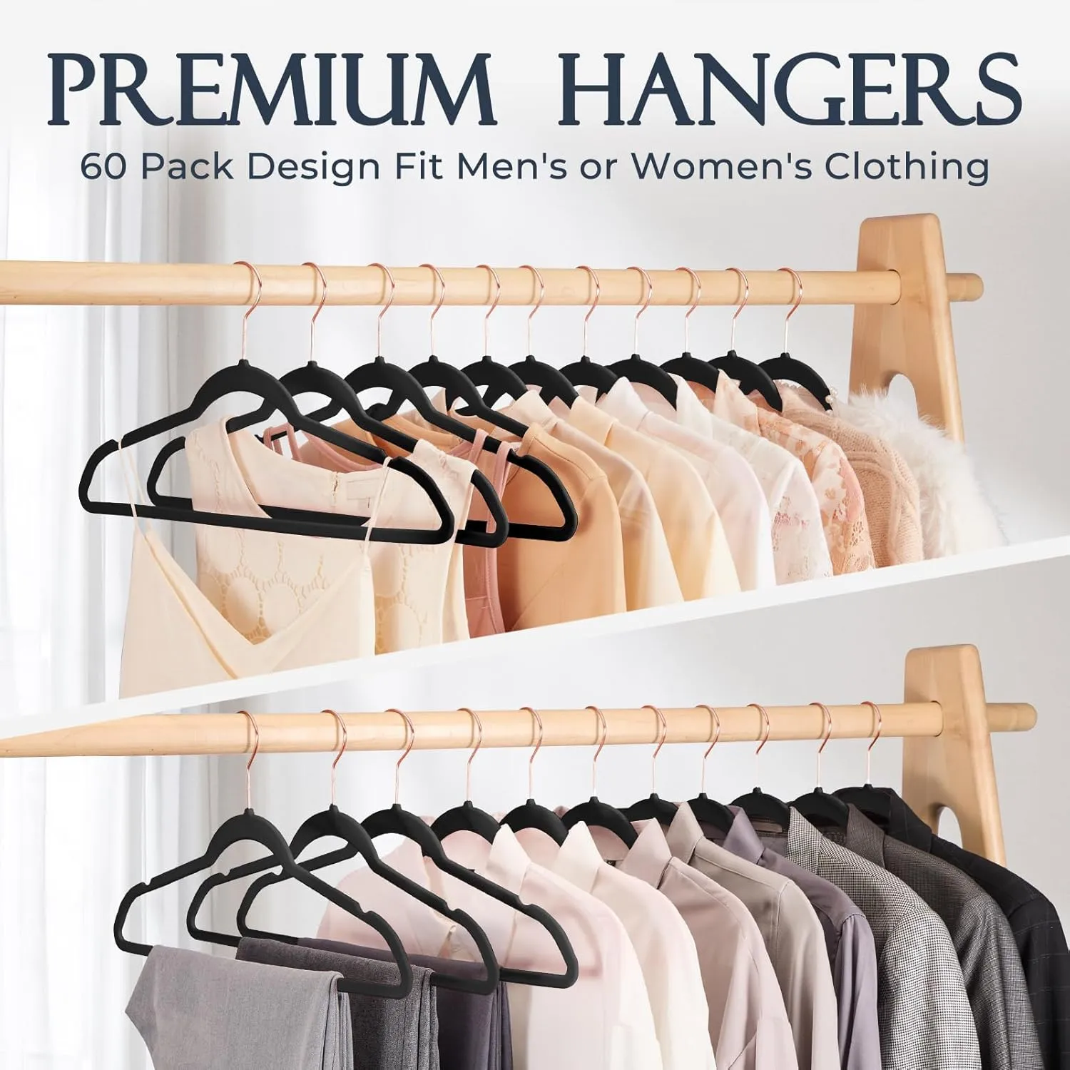 HOUSE DAY Black Velvet Hangers 20 Pack, Premium Non-Slip Felt Clothes, Sturdy Heavy Duty Coat, Durable Hangers for Suits, Space Saving with No Hanger Mark, 360° Swivel Rotating Rose Gold Hook