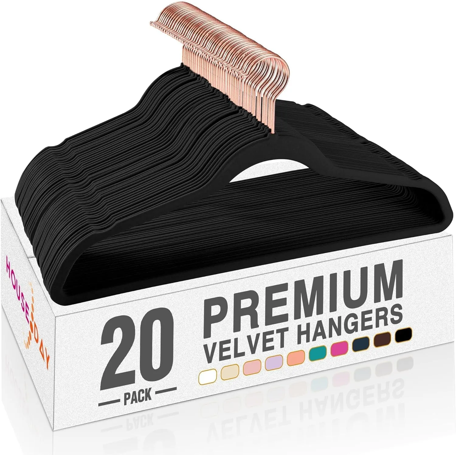 HOUSE DAY Black Velvet Hangers 20 Pack, Premium Non-Slip Felt Clothes, Sturdy Heavy Duty Coat, Durable Hangers for Suits, Space Saving with No Hanger Mark, 360° Swivel Rotating Rose Gold Hook
