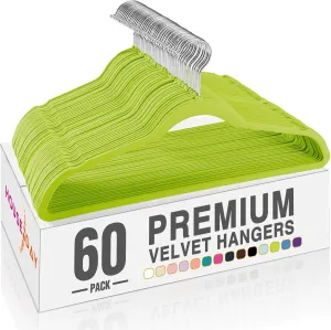 HOUSE DAY Vibrant Green Velvet Hangers 60 Pack, Non Slip Clothes Felt Hanger Heavy Duty for Coat, Premium Slim Space Saving Suit Hangers for Closet Organizer, 360° Rotating Silver Hook