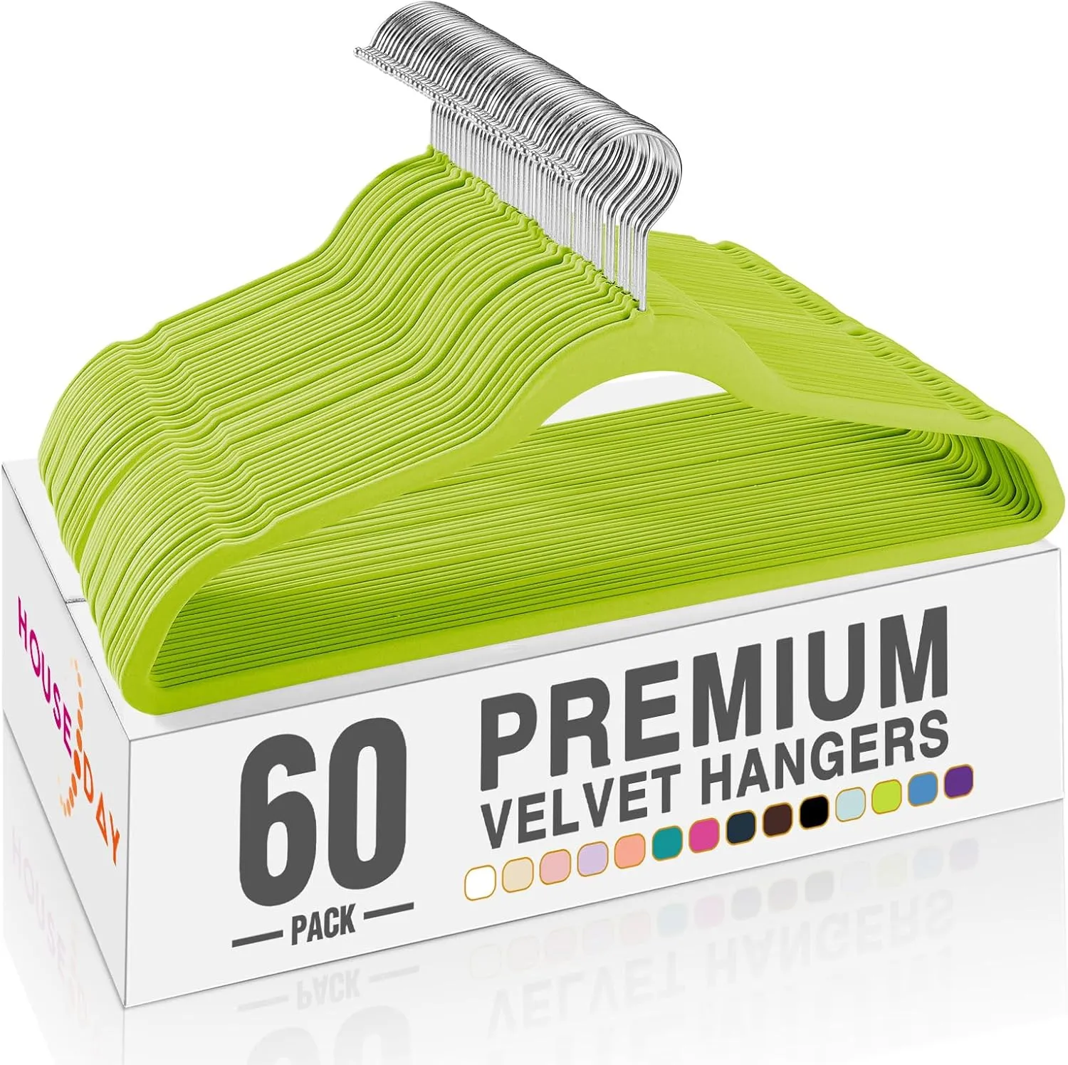 HOUSE DAY Vibrant Green Velvet Hangers 60 Pack, Non Slip Clothes Felt Hanger Heavy Duty for Coat, Premium Slim Space Saving Suit Hangers for Closet Organizer, 360° Rotating Silver Hook