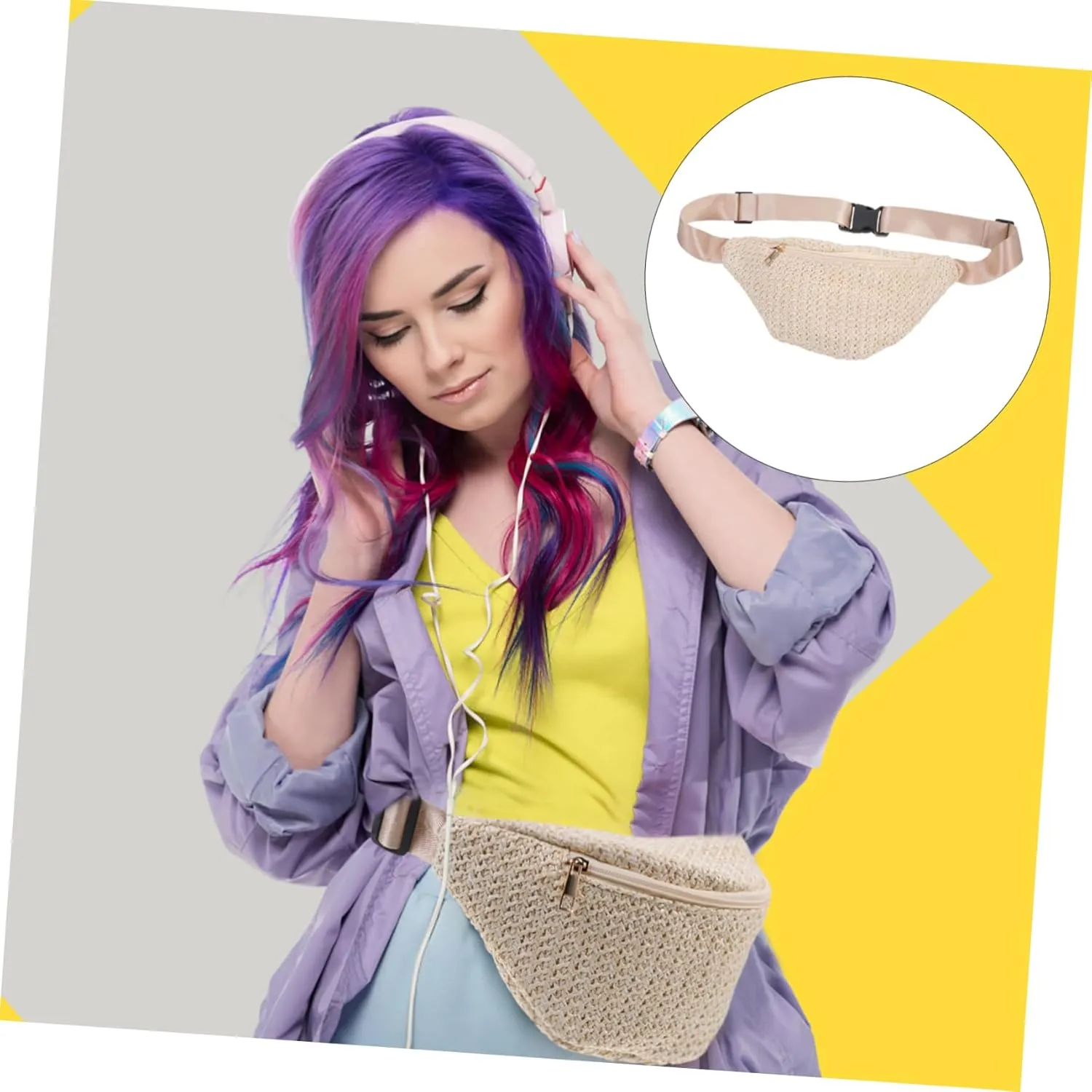 Housoutil Waist Bag for Women Straw Crossbody Bag Mini Fanny Pack Chest Storage for Summer Outfits