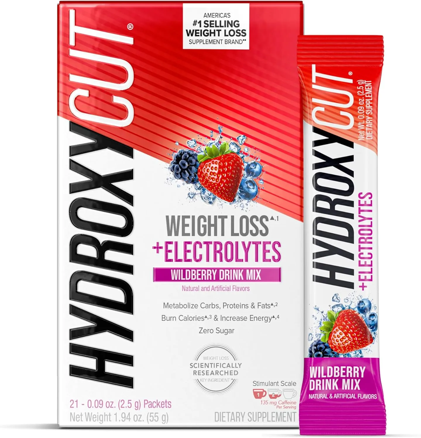 Hydroxycut Drink Mix, Wildberry Blast - 21 Travel-Size Packets - Zero Calories, Zero Sugar - Boost Metabolism, Burn Calories, Increase Energy - for Women & Men