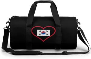 I Love South_Korea Cylindrical Gym Duffle Bag Foldable Weekender Bags Lightweight Travel Handbag