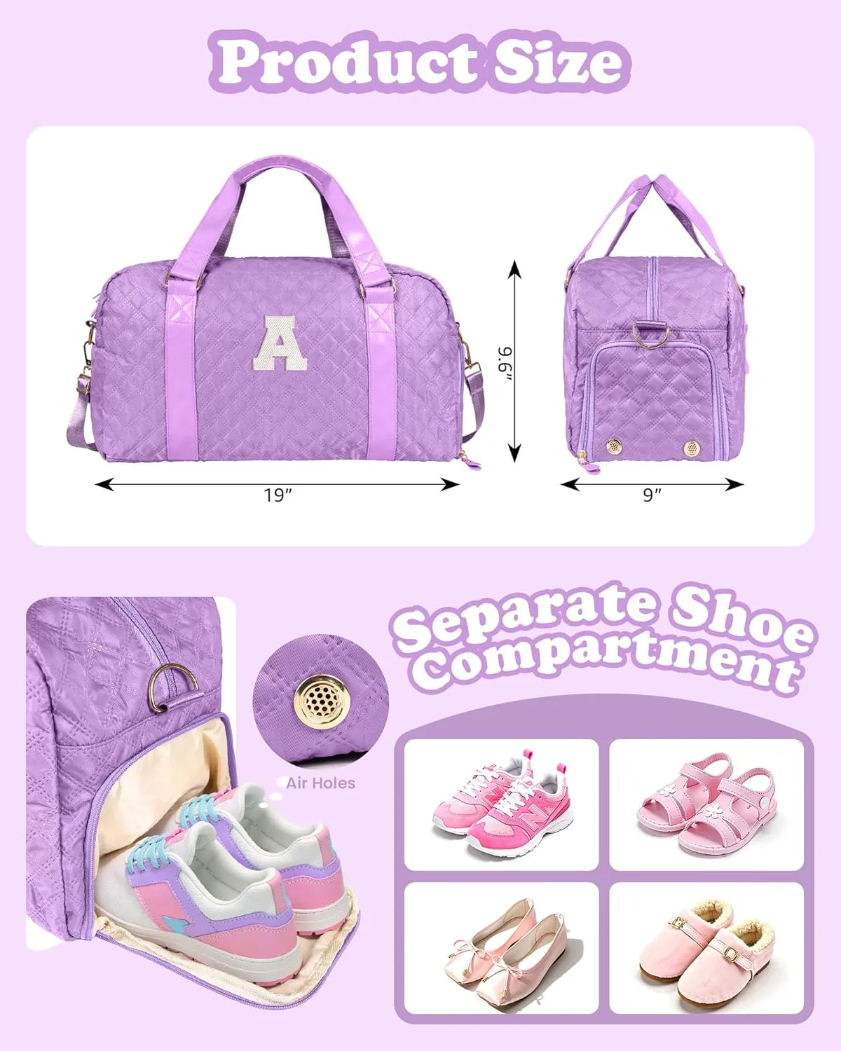 Initial Gym Bag for Kids Girls, Travel Duffel Bag, Teacher Appreciation Gifts Ideas, Mother's Day Gift Ideas