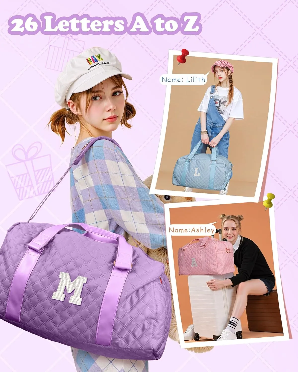 Initial Gym Bag for Kids Girls, Travel Duffel Bag, Teacher Appreciation Gifts Ideas, Mother's Day Gift Ideas