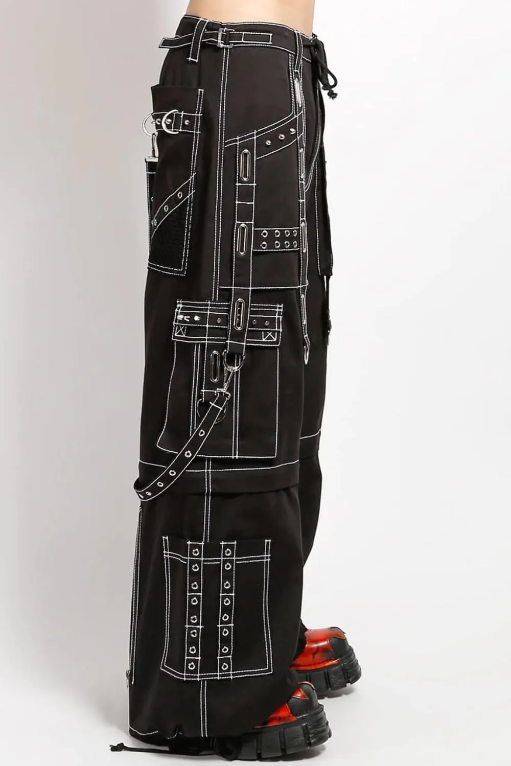 Interlace Pants with White Stitch [Black/Silver] Baggy Wide Leg Gothic Emo Punk Raver Pants, Medium