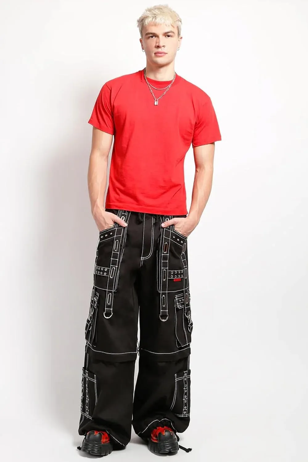Interlace Pants with White Stitch [Black/Silver] Baggy Wide Leg Gothic Emo Punk Raver Pants, Medium