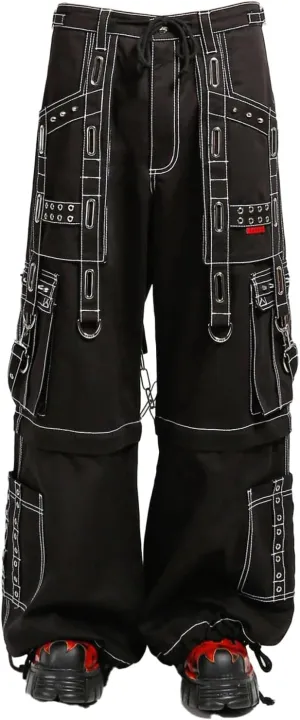 Interlace Pants with White Stitch [Black/Silver] Baggy Wide Leg Gothic Emo Punk Raver Pants, Medium