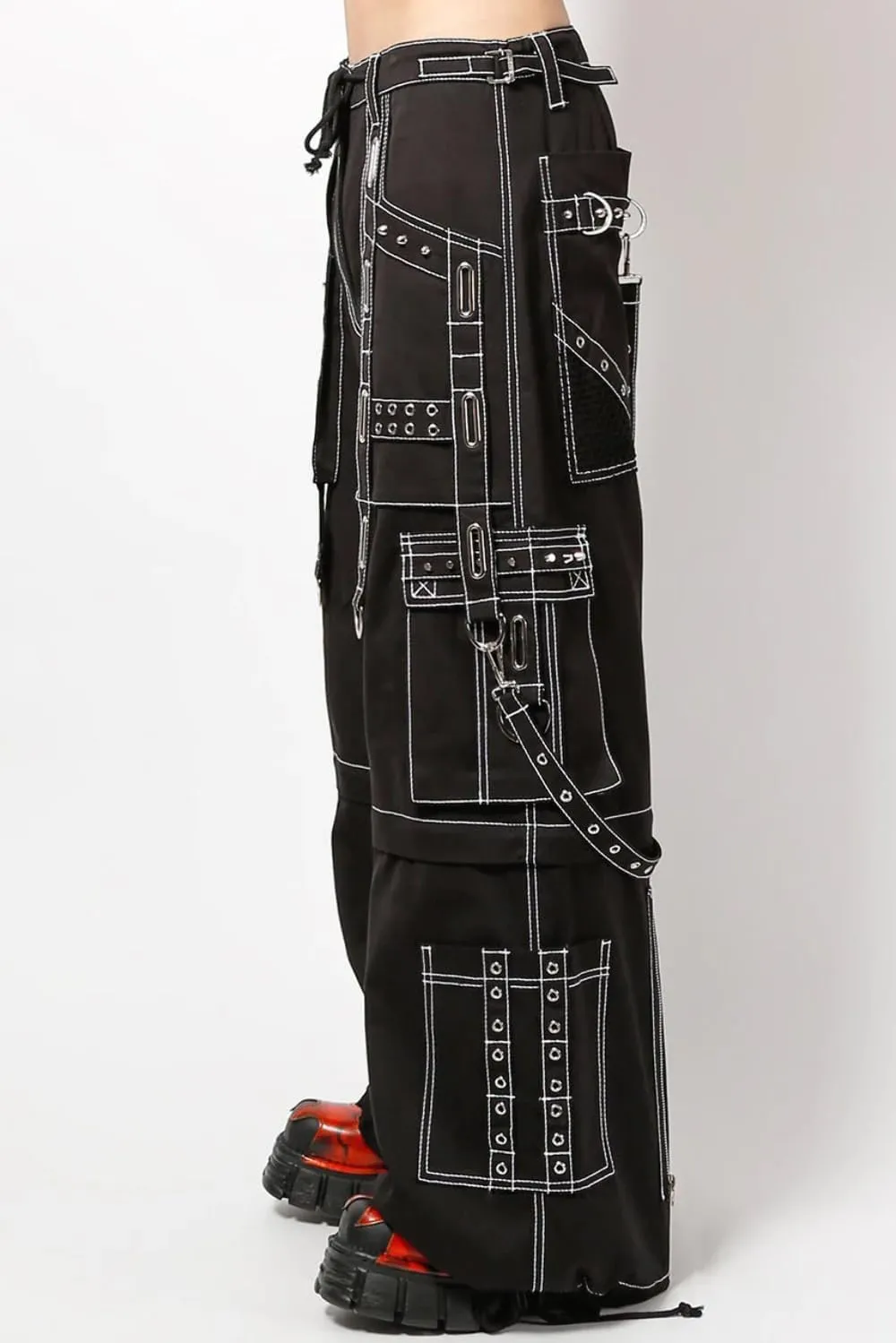 Interlace Pants with White Stitch [Black/Silver] Baggy Wide Leg Gothic Emo Punk Raver Pants, Medium