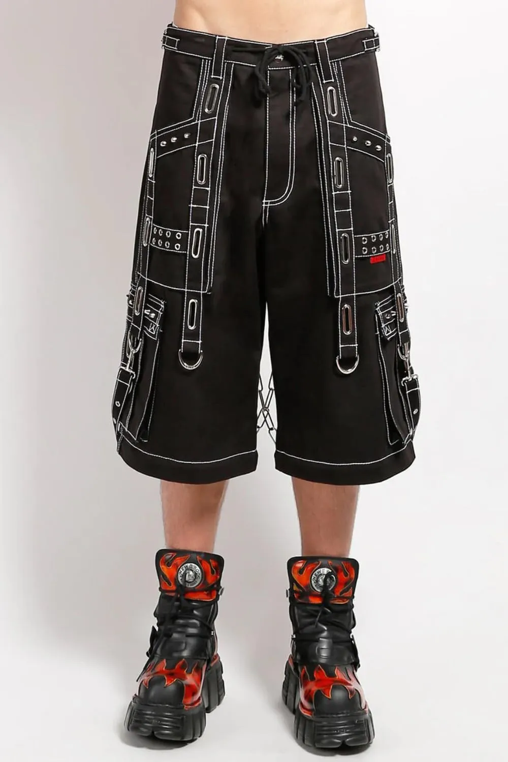 Interlace Pants with White Stitch [Black/Silver] Baggy Wide Leg Gothic Emo Punk Raver Pants, Medium