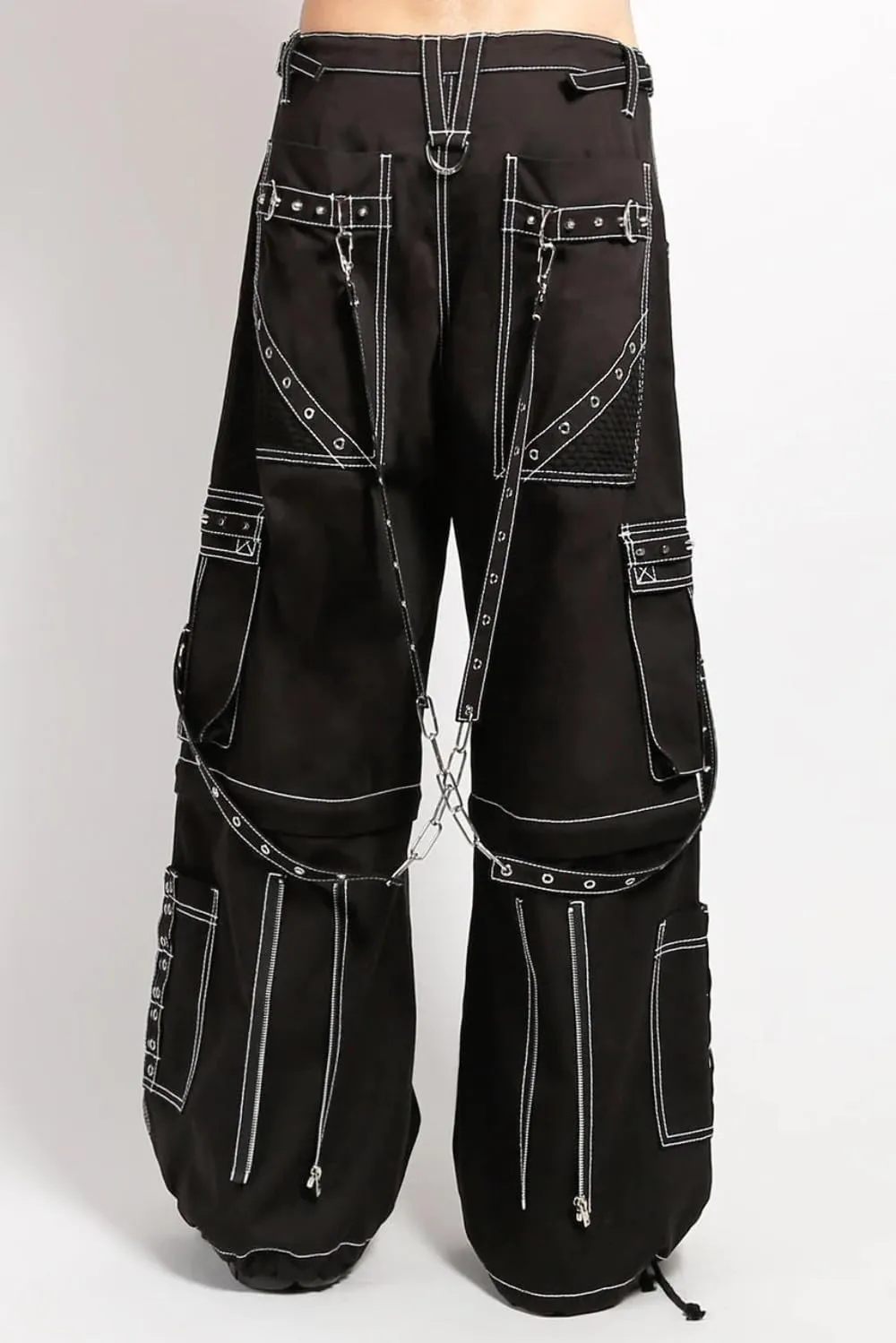 Interlace Pants with White Stitch [Black/Silver] Baggy Wide Leg Gothic Emo Punk Raver Pants, Medium