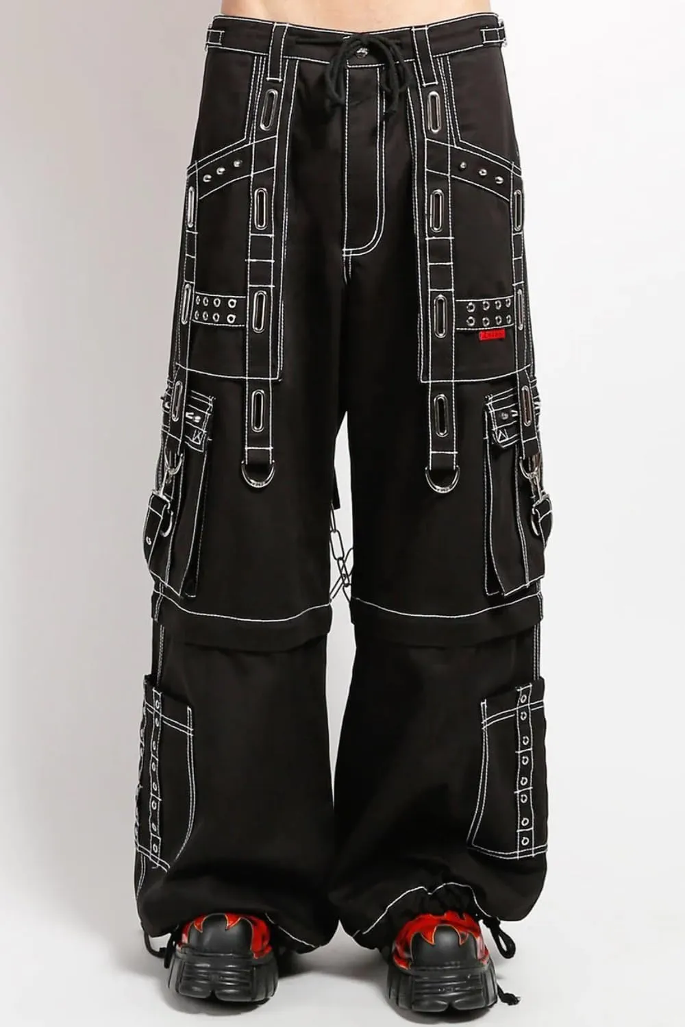 Interlace Pants with White Stitch [Black/Silver] Baggy Wide Leg Gothic Emo Punk Raver Pants, Medium