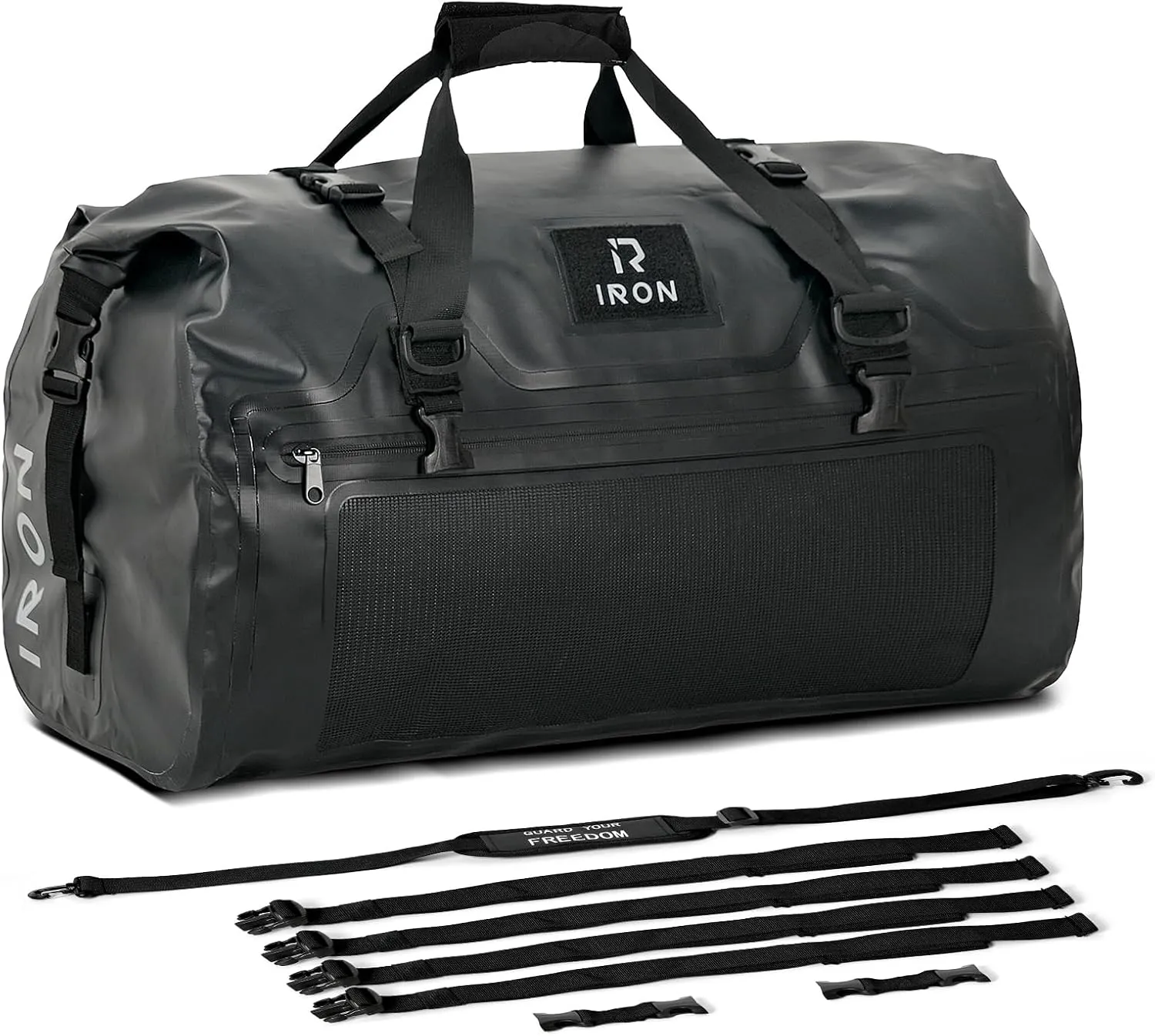IRON JIA'S Motorcycle Dry Bag - Waterproof Duffle & Luggage Tail Bag Saddle Bags with Roll Top Closure, Shoulder Straps, Inner Pocket and Mesh Pocket (Black, 70L)