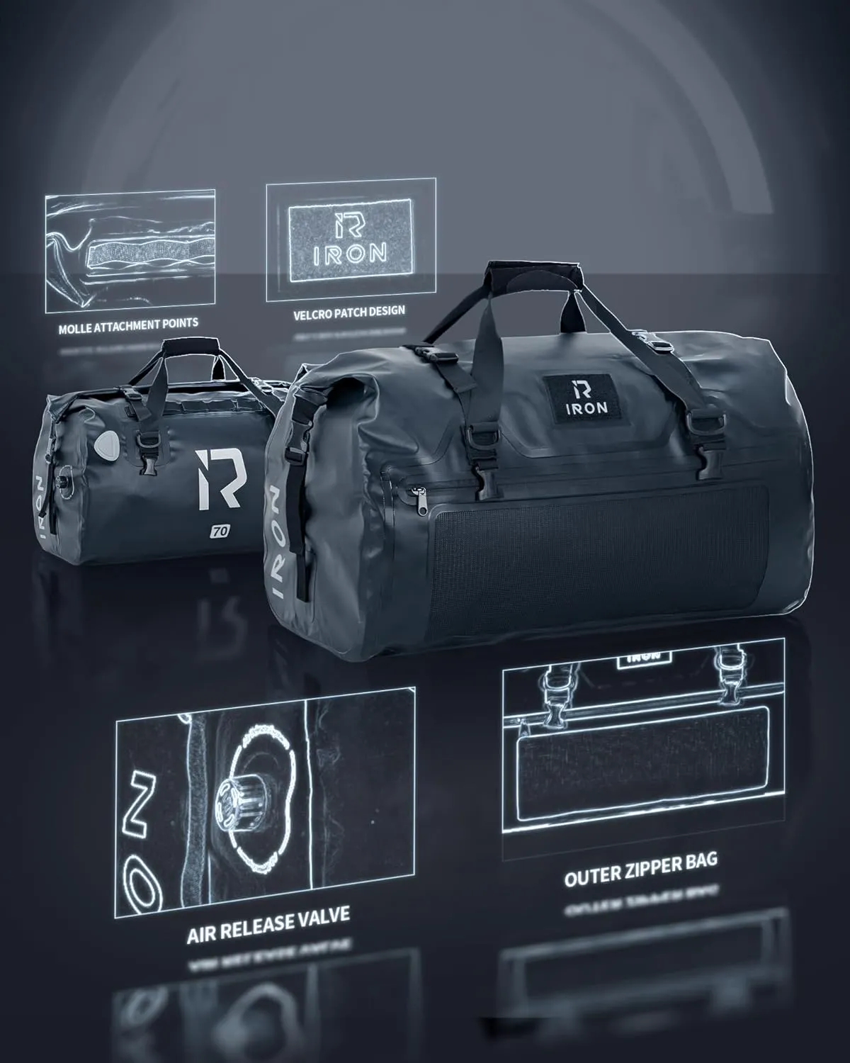IRON JIA'S Motorcycle Dry Bag - Waterproof Duffle & Luggage Tail Bag Saddle Bags with Roll Top Closure, Shoulder Straps, Inner Pocket and Mesh Pocket (Black, 70L)
