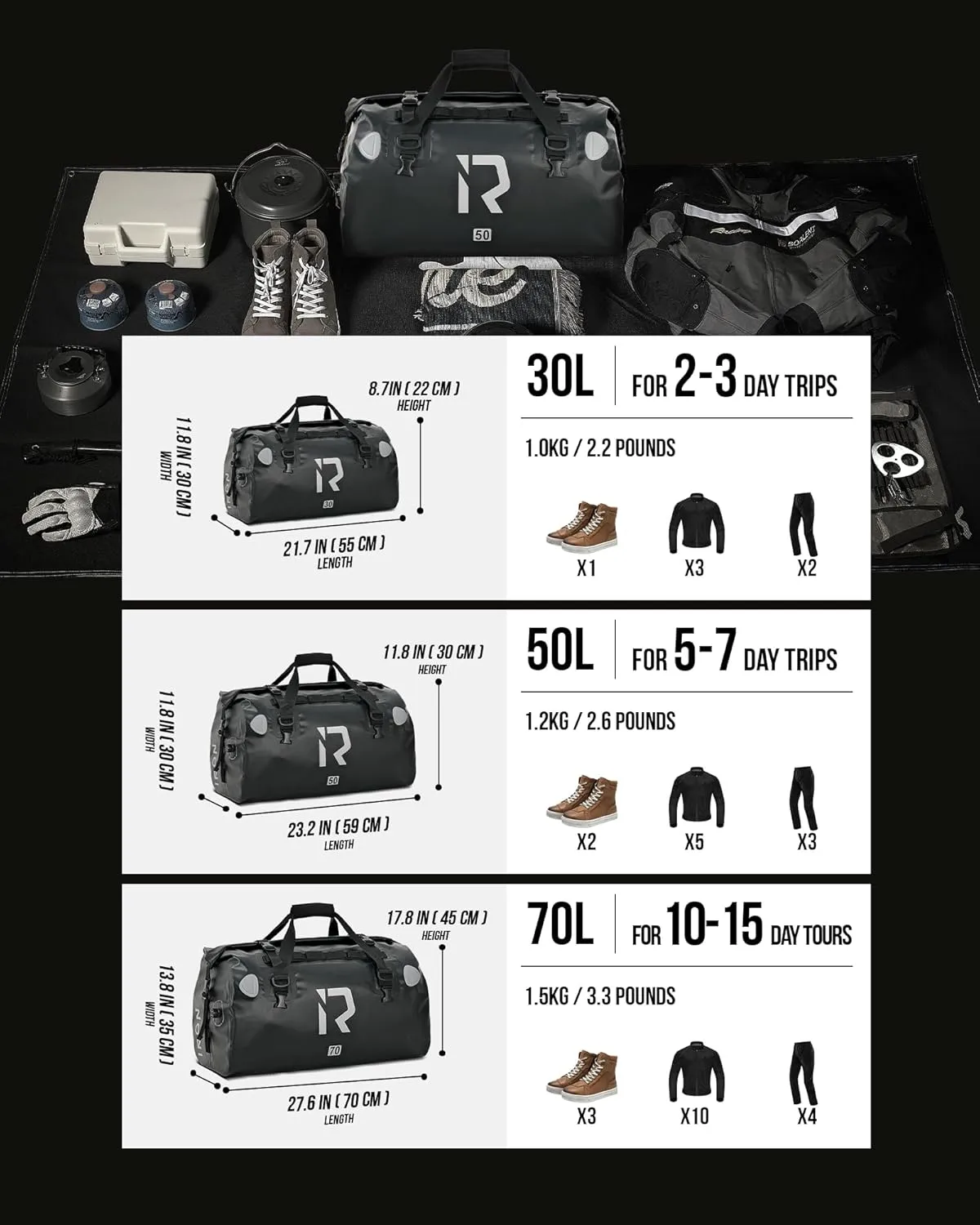 IRON JIA'S Motorcycle Dry Bag - Waterproof Duffle & Luggage Tail Bag Saddle Bags with Roll Top Closure, Shoulder Straps, Inner Pocket and Mesh Pocket (Black, 70L)