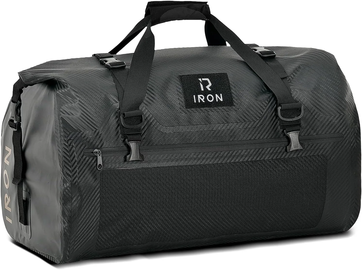 IRON JIA'S Motorcycle Dry Bag - Waterproof Duffle & Luggage Tail Bag Saddle Bags with Roll Top Closure, Shoulder Straps, Inner Pocket and Mesh Pocket (Carbon Fiber, 30L)