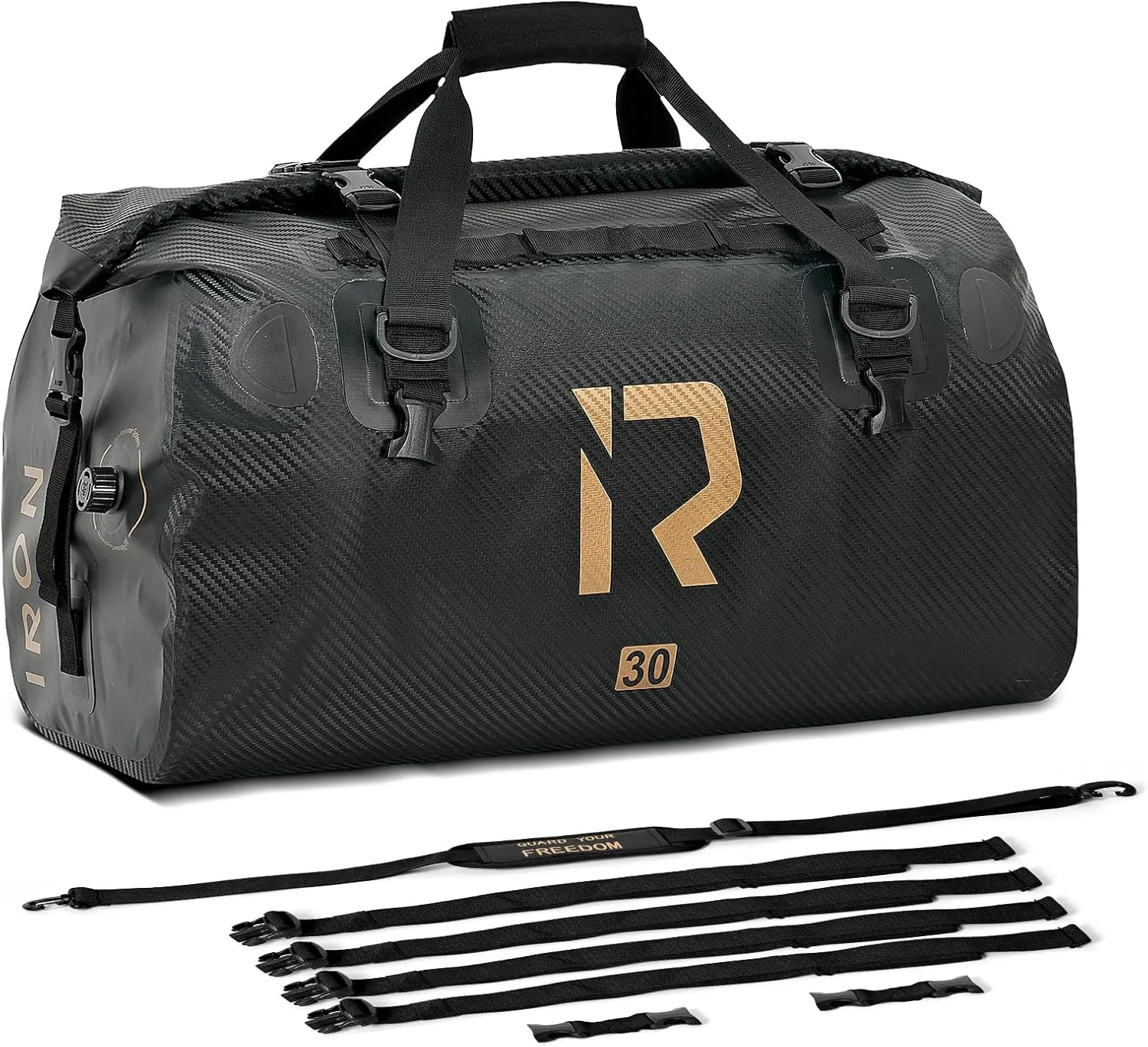 IRON JIA'S Motorcycle Dry Bag - Waterproof Duffle & Luggage Tail Bag Saddle Bags with Roll Top Closure, Shoulder Straps, Inner Pocket and Mesh Pocket (Carbon Fiber, 30L)