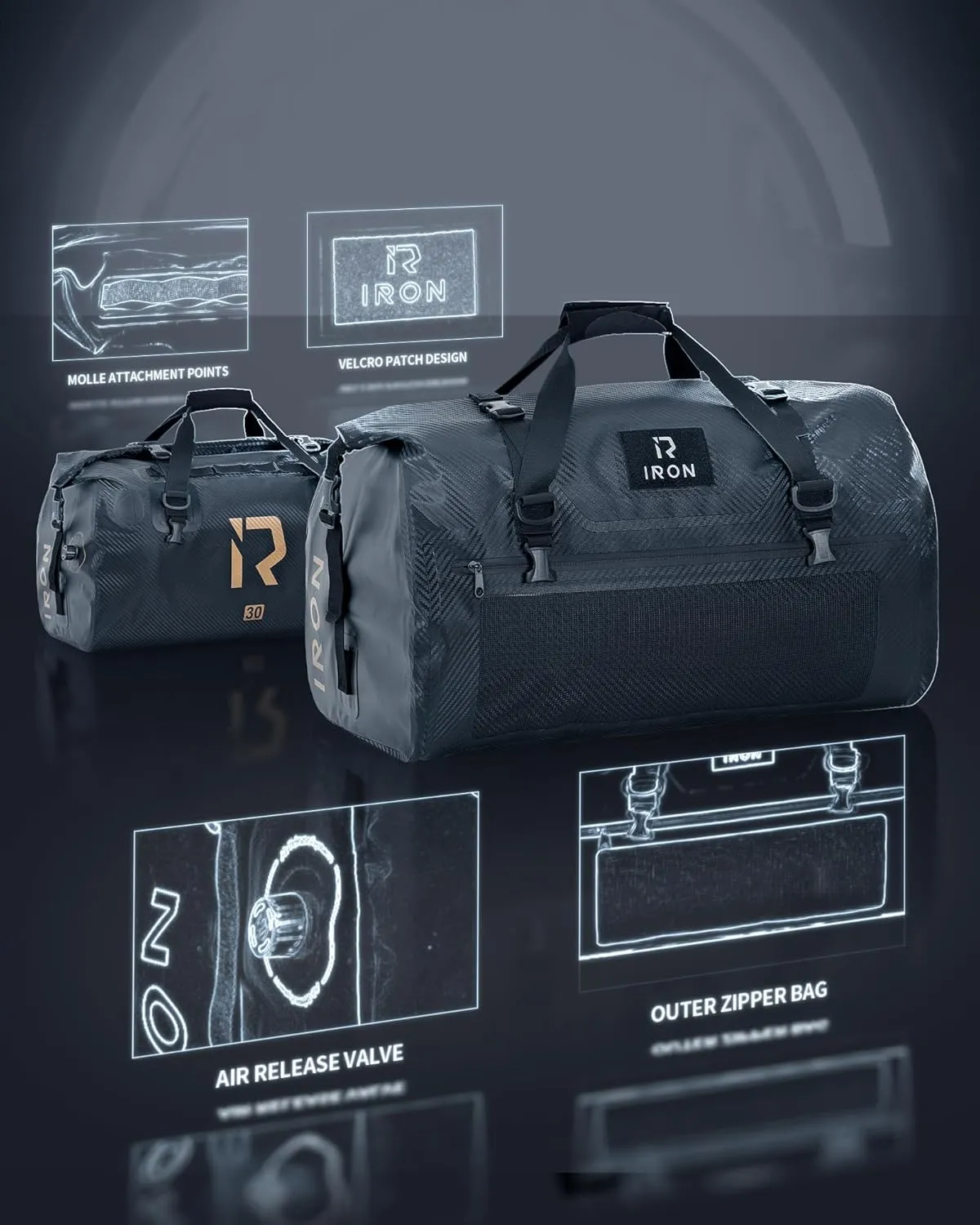 IRON JIA'S Motorcycle Dry Bag - Waterproof Duffle & Luggage Tail Bag Saddle Bags with Roll Top Closure, Shoulder Straps, Inner Pocket and Mesh Pocket (Carbon Fiber, 30L)