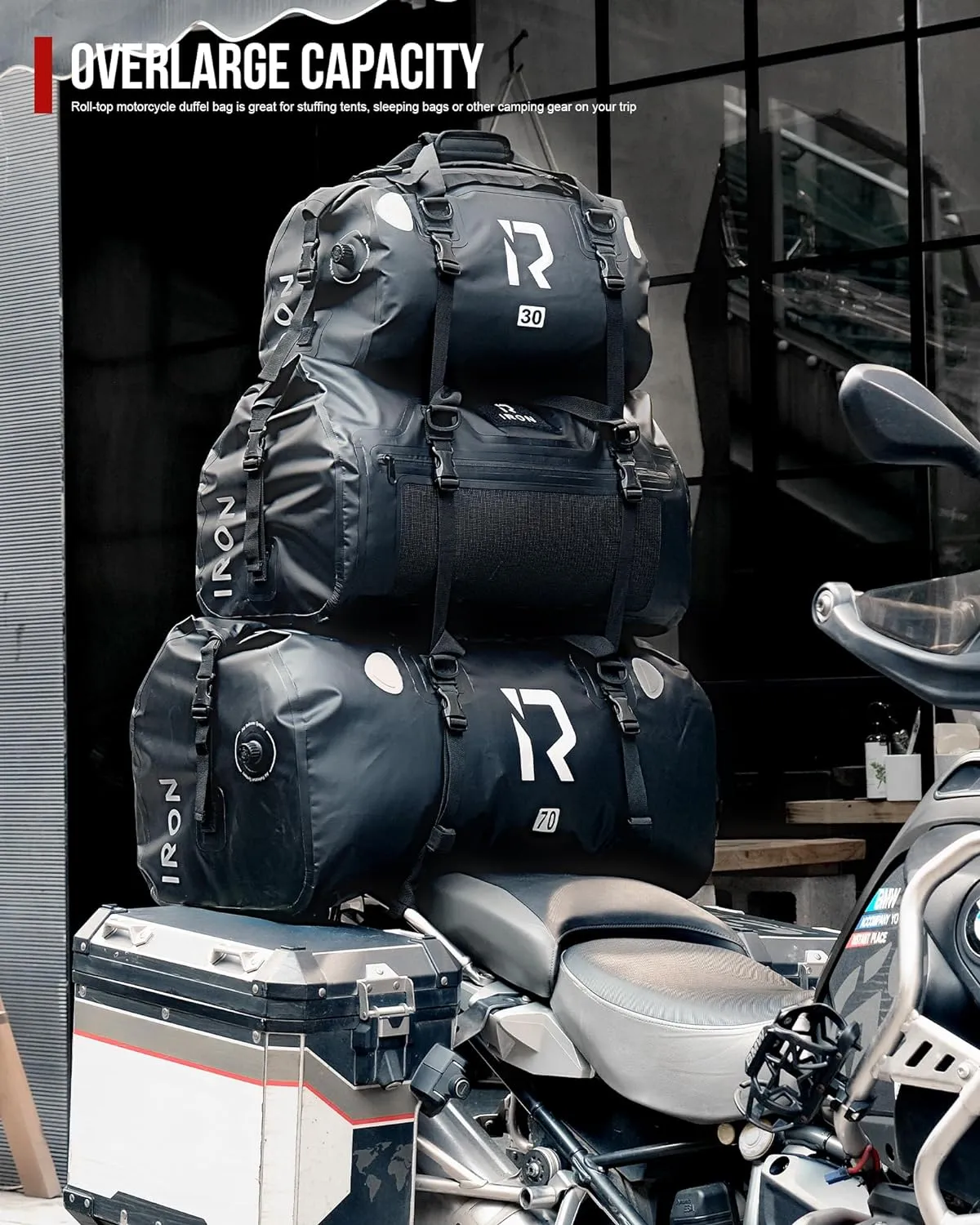 IRON JIA'S Motorcycle Dry Bag - Waterproof Duffle & Luggage Tail Bag Saddle Bags with Roll Top Closure, Shoulder Straps, Inner Pocket and Mesh Pocket (Carbon Fiber, 30L)