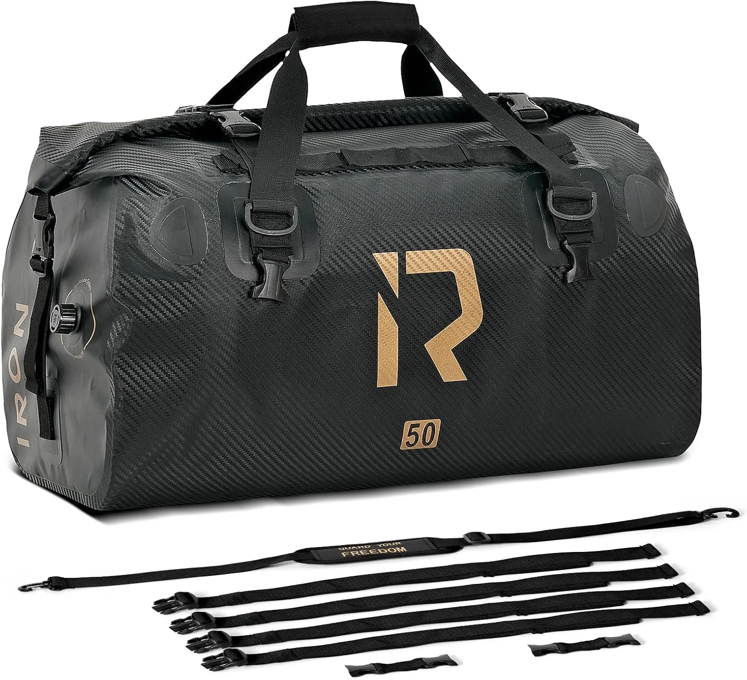 IRON JIA'S Motorcycle Dry Bag - Waterproof Duffle & Luggage Tail Bag Saddle Bags with Roll Top Closure, Shoulder Straps, Inner Pocket and Mesh Pocket (Carbon Fiber, 50L)